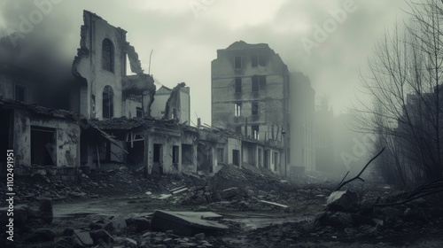 Crumbling buildings stand in fog, creating a desolate, post-apocalyptic atmosphere. The image captures the decay and destruction of a once populated area, shrouded in mist. AI generated. photo