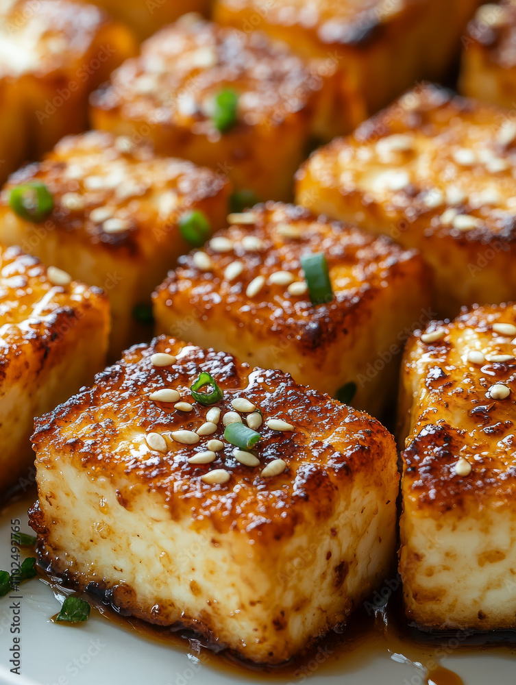Grilled tofu cubes garnished with sesame seeds. Grilled tofu cubes garnished with sesame seeds.