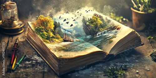 Whimsical travel journal coming to life, pages transforming into real landscapes, New Year's resolution theme