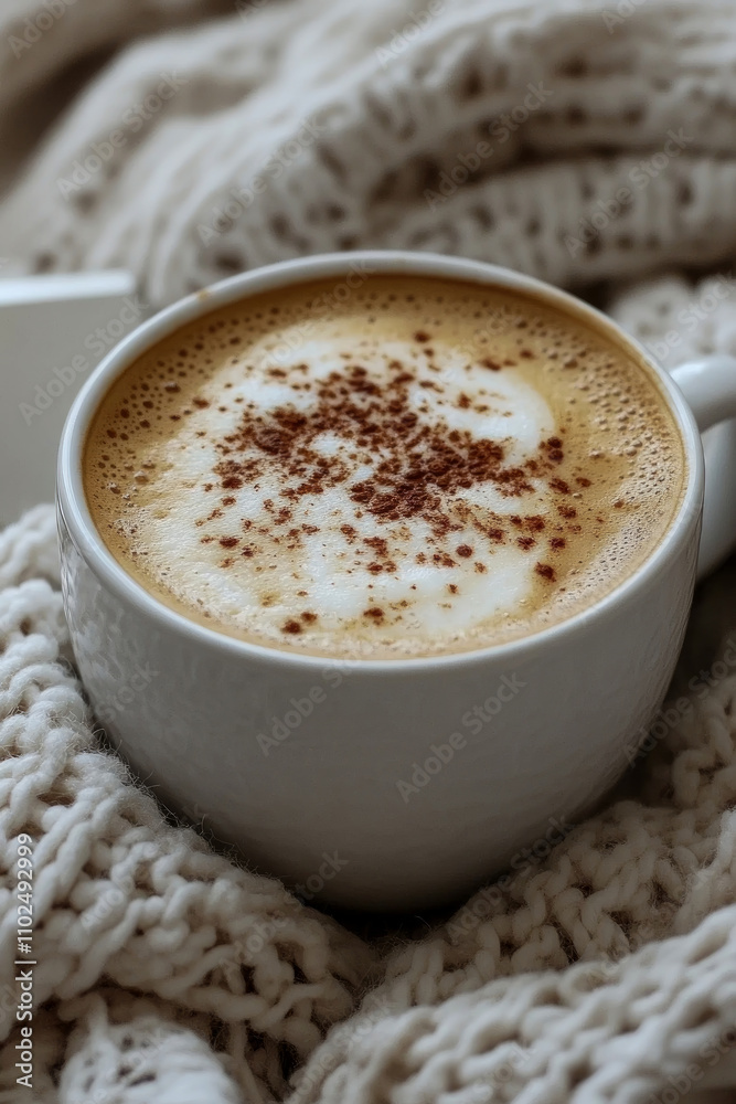 A delicious cup of coffee topped with frothy milk and a sprinkle of cocoa is nestled in a soft, cozy blanket, inviting comfort and warmth A delicious cup of coffee topped with frothy milk and a sprinkle of cocoa is nestled in a soft, cozy blanket, inviting comfort and warmth