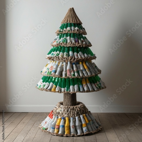 A Christmas  tree crafted entirely from recycled materials like plastic bottles, cardboard, or old newspapers,300 DPI High Resolution photo