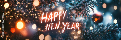 Luminous inscription "Нарру New Year" on christmas tree background with bokeh lights 