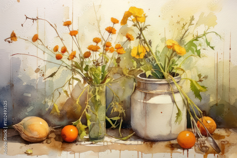 still life with elements of nature and home comfort. In the center of the composition there are two vases with bouquets of orange flowers, one of which is glass and the other metal. still life with elements of nature and home comfort. In the center of the composition there are two vases with bouquets of orange flowers, one of which is glass and the other metal.