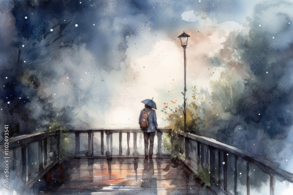 man standing under an umbrella on a bridge on a rainy night. man standing under an umbrella on a bridge on a rainy night.