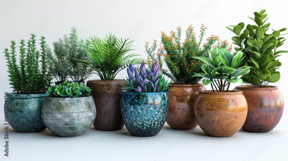 Fototapeta premium Houseplants in Decorative Pots on White Background