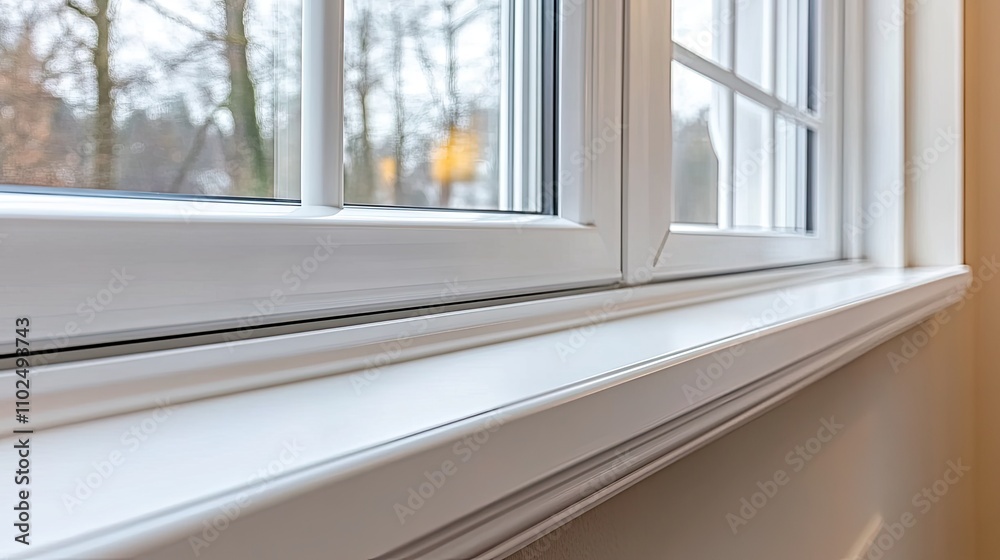 Close-up of a white bay window revealing reflections and soft light while featuring clean lines and a blurred backdrop of trees outside Close-up of a white bay window revealing reflections and soft light while featuring clean lines and a blurred backdrop of trees outside