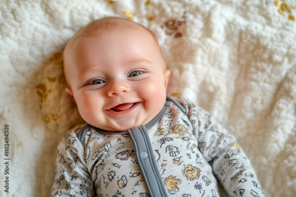 Cute smiling baby in a bodysuit lying on a white bed, top view, close-up, stock photo, simple composition, feminine, sunny light background. 2 Cute smiling baby in a bodysuit lying on a white bed, top view, close-up, stock photo, simple composition, feminine, sunny light background. 2