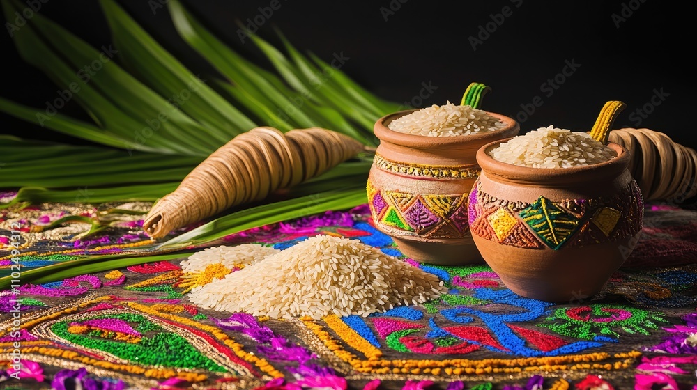 Two hand-painted clay pots filled with uncooked white rice, beside a pile of rice and palm leaves on a colorful embroidered textile. Two hand-painted clay pots filled with uncooked white rice, beside a pile of rice and palm leaves on a colorful embroidered textile.