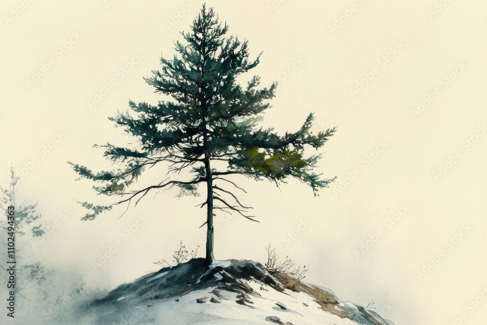 Obraz premium Majestic lone tree on a rocky hill in a foggy forest landscape during early morning light