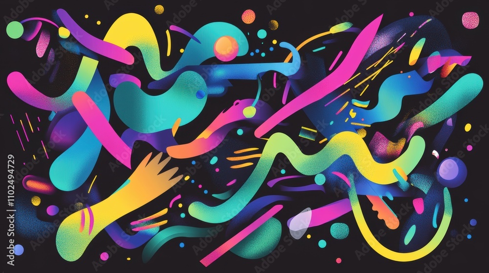 Obraz premium A bold and artistic abstract design featuring vibrant splashes and streaks of magenta, cyan, lime green, and neon yellow against a dark background. The dynamic composition conveys creativity, freedom,