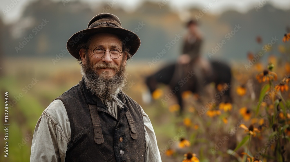 Amish Family Working on the Farm in Traditional Clothing