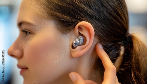 Patient with hearing aids, adjusting fit, focused care, clear natural light photo