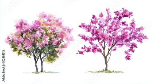 Vertor set of spring blossom tree,blooming plants side view for landscape elevation and section,eco environment concept design,watercolor shrub illustration,colorful season