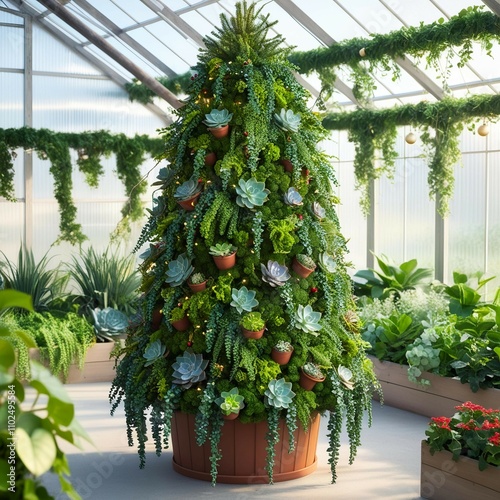 A Christmas tree constructed entirely from living potted plants like succulents and ivy, cascading greenery creating a natural flow , 300 DPI High Resolution photo