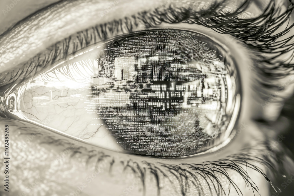 Fototapeta premium Digital data and code reflections in the eye, symbolizing machine learning or artificial intelligence technology concept.