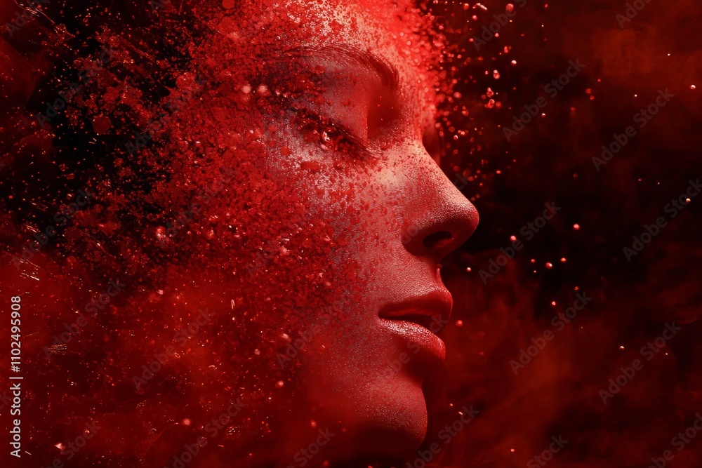 Abstract face dissolving into red particles, symbolizing human identity and ai evolution.
