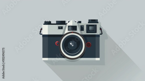 A flat design illustration of a vintage camera on a gray background.