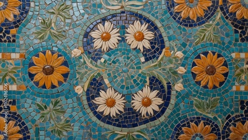 Floral mosaic background, intricate floral pattern made from colorful ceramic tiles