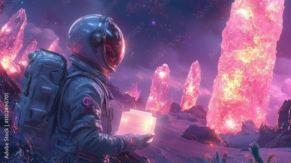 Astronaut exploring a vibrant alien landscape with glowing crystals. Astronaut exploring a vibrant alien landscape with glowing crystals.