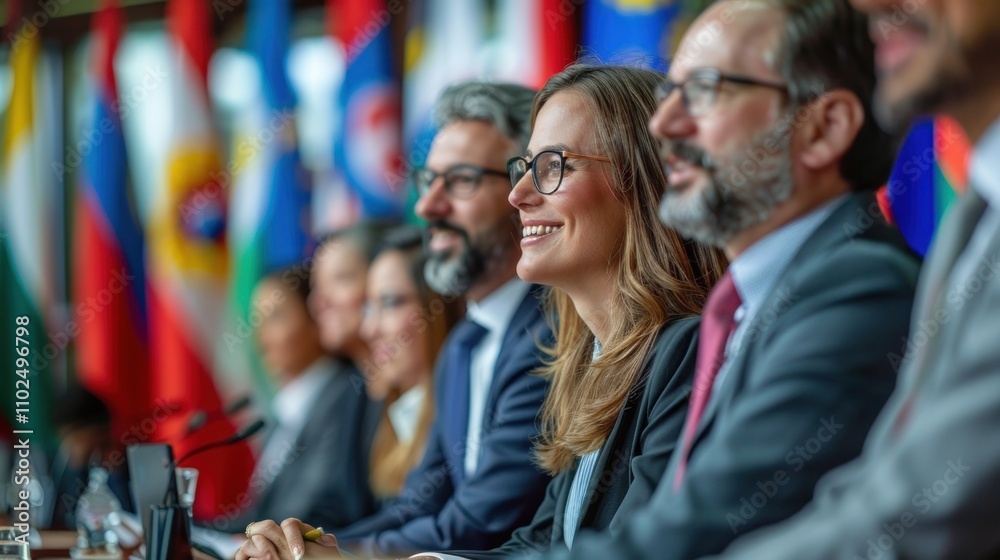 Obraz premium Ambassadors from Different Countries in Discussion During a Diplomatic Meeting