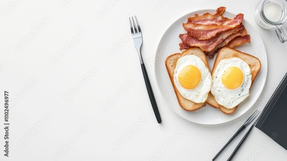Two slices of golden toast hold sunny-side-up eggs and crispy bacon, presented beautifully on a white plate for a satisfying breakfast Two slices of golden toast hold sunny-side-up eggs and crispy bacon, presented beautifully on a white plate for a satisfying breakfast