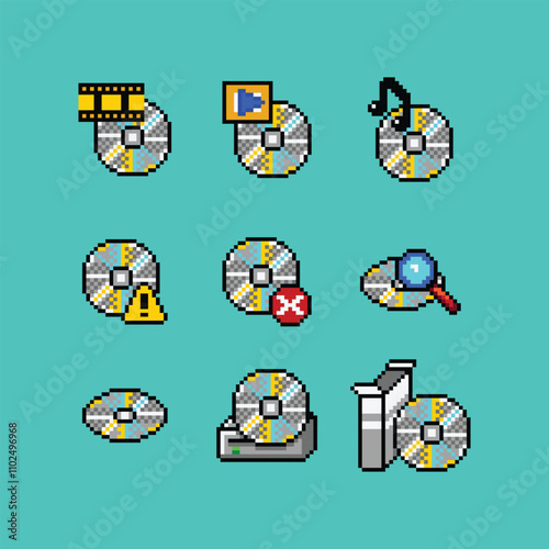 Vector pixel art retro computer compact disc icon set. Video, audio cd, warning, error, tray, installation setup disk shortcut, 8 bit icon asset on light background