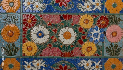Floral mosaic background, intricate floral pattern made from colorful ceramic tiles