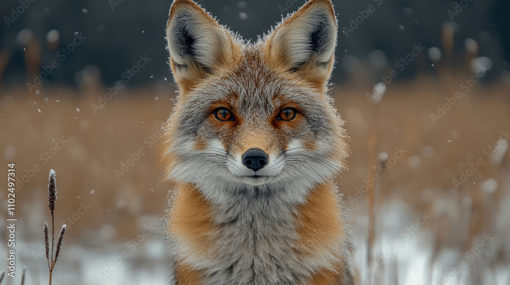 Obraz premium A fox stands alert in a snowy landscape, with snow gently falling around it and grass peeking through the snow, creating a serene winter atmosphere