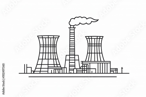 Line art illustration of a thermal power plant with a central building, cylindrical cooling towers with wavy steam lines on a white background. AI generated.