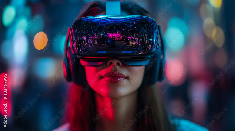 A woman engages with virtual reality using a sleek headset, surrounded by colorful lights and a dynamic urban backdrop at night A woman engages with virtual reality using a sleek headset, surrounded by colorful lights and a dynamic urban backdrop at night