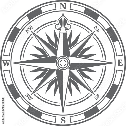 Wind rose symbol. Black compass direction star