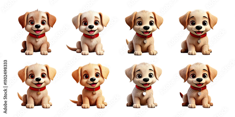 Cute cartoon puppies in various poses and expressions, isolated on transparent background Cute cartoon puppies in various poses and expressions, isolated on transparent background