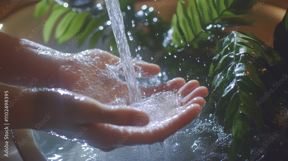 Fototapeta premium Pure Water Flowing Over Hands Lush Green Plants Cleanliness Refreshment