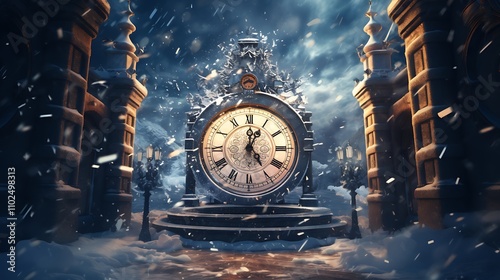 A surreal clock tower counting down the moments until Christmas, surrounded by a flurry of snowflakes in a timeless winter wonderland