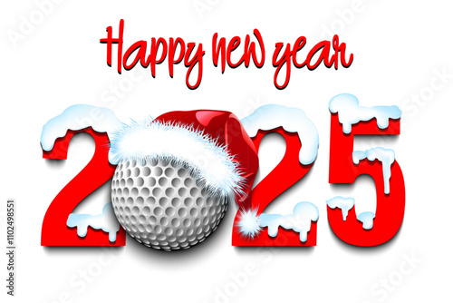 Happy new year. Snowy numbers 2025 with golf ball in a Christmas hat. Original template design for greeting card, banner, poster. Vector illustration on isolated background