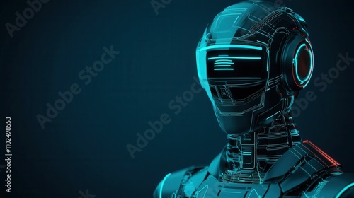 Technologist innovation concept, A futuristic robot with a sleek design, glowing accents, and a digital interface against a dark blue background.