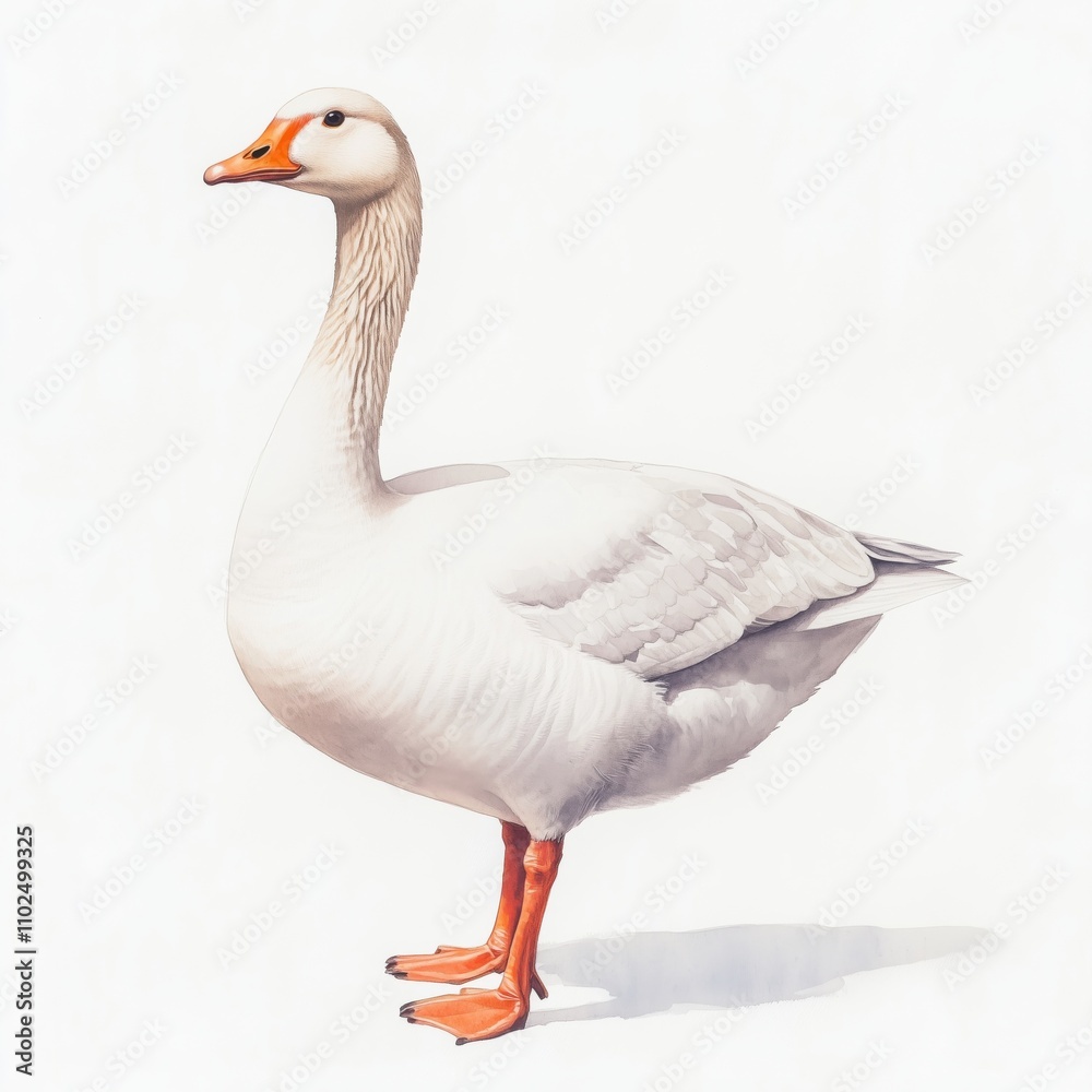 Obraz premium Watercolor painting of a white goose on a white background. 