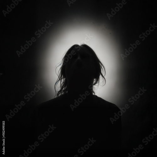 a black and white silhouette of a person with long hair, backlit by a bright light source, creating a dramatic and moody effect.