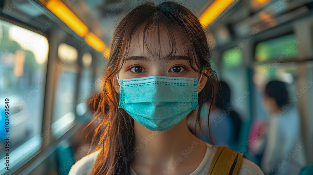 A young woman wearing a blue mask stands inside a public transport vehicle, surrounded by other passengers during a busy evening commute A young woman wearing a blue mask stands inside a public transport vehicle, surrounded by other passengers during a busy evening commute