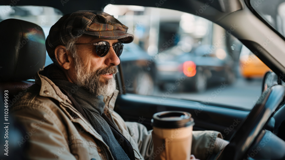 Driver enjoys a coffee break while parked in a busy city street during the day
