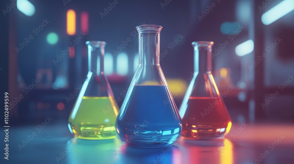 Three Erlenmeyer flasks with colorful liquids on a lab table. Three Erlenmeyer flasks with colorful liquids on a lab table.
