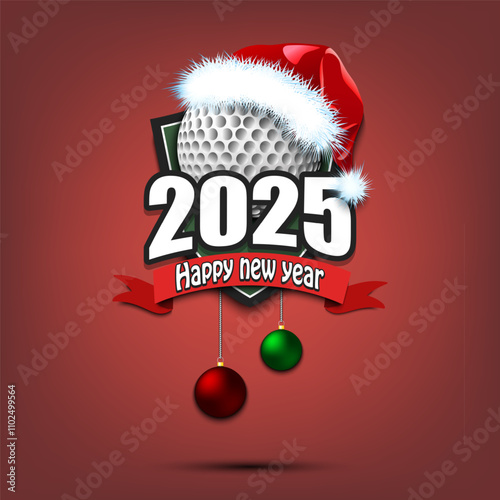 Happy new year 2025. Golfl logo template design. Golf ball in santa hat. Design pattern for greeting card, banner, poster. Vector illustration on isolated background