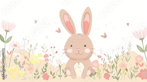 A cute cartoon bunny sitting in a field of flowers.