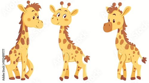 Three cartoon giraffes in different poses.