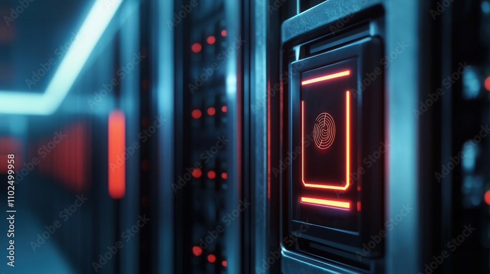 Technologist innovation concept, A close-up view of a server rack with illuminated components, showcasing a futuristic design and vibrant red and blue lighting. Technologist innovation concept, A close-up view of a server rack with illuminated components, showcasing a futuristic design and vibrant red and blue lighting.