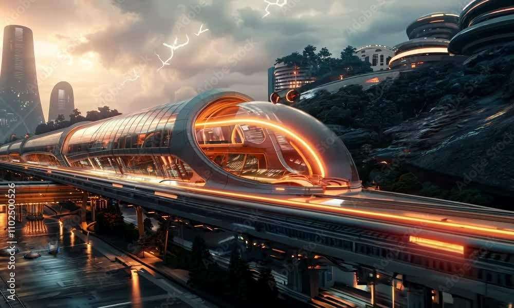 Futuristic transportation hub with hyperloop and magnetic trains