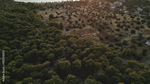 Aerial View of a Picturesque Greek Village by the Sea and Mountains photo