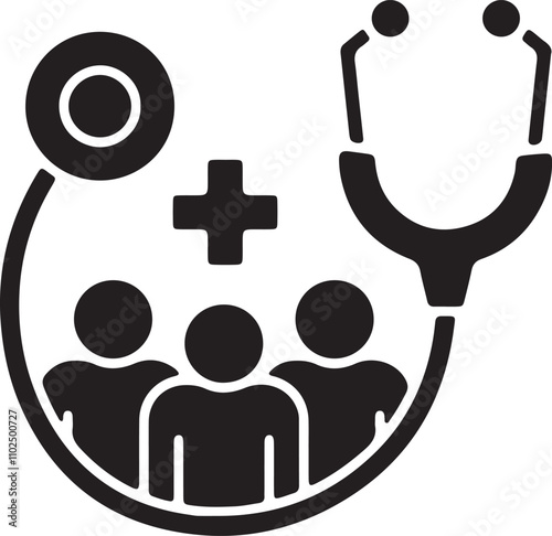 Illustration of three stickman icons representing medical professionals, with symbols like a stethoscope, a syringe, and a medical cross to indicate healthcare roles