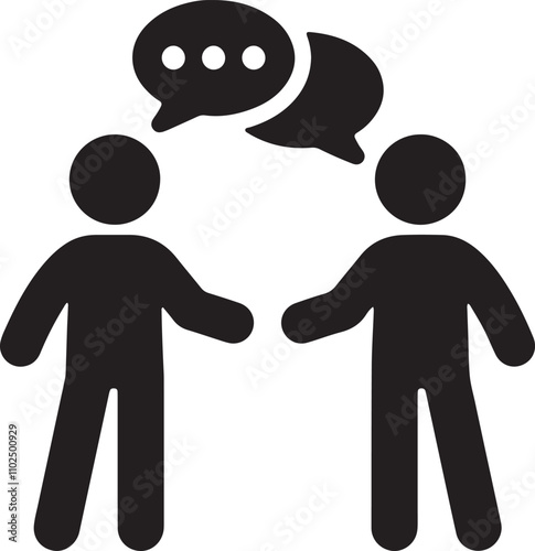 Illustration of two stickman icons facing each other, with speech bubble symbols above them, representing a conversation or chat