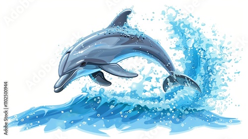 A dolphin jumps out of the water, splashing in a blue wave. photo